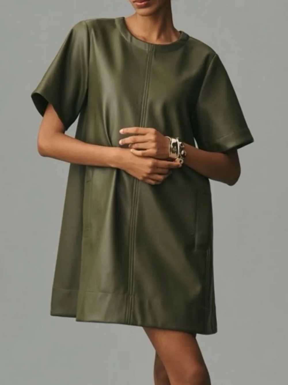 Anthropologie Maeve Emmy Vegan Leather Olive Shift Dress